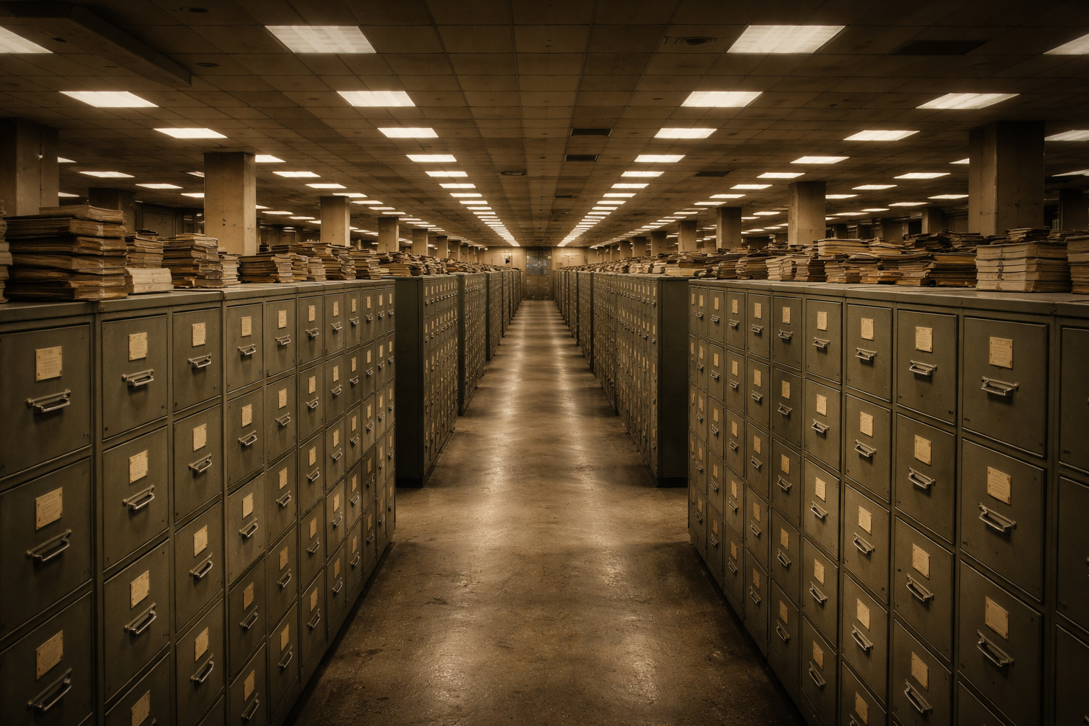 Vast archive room with endless rows of filing cabinets
